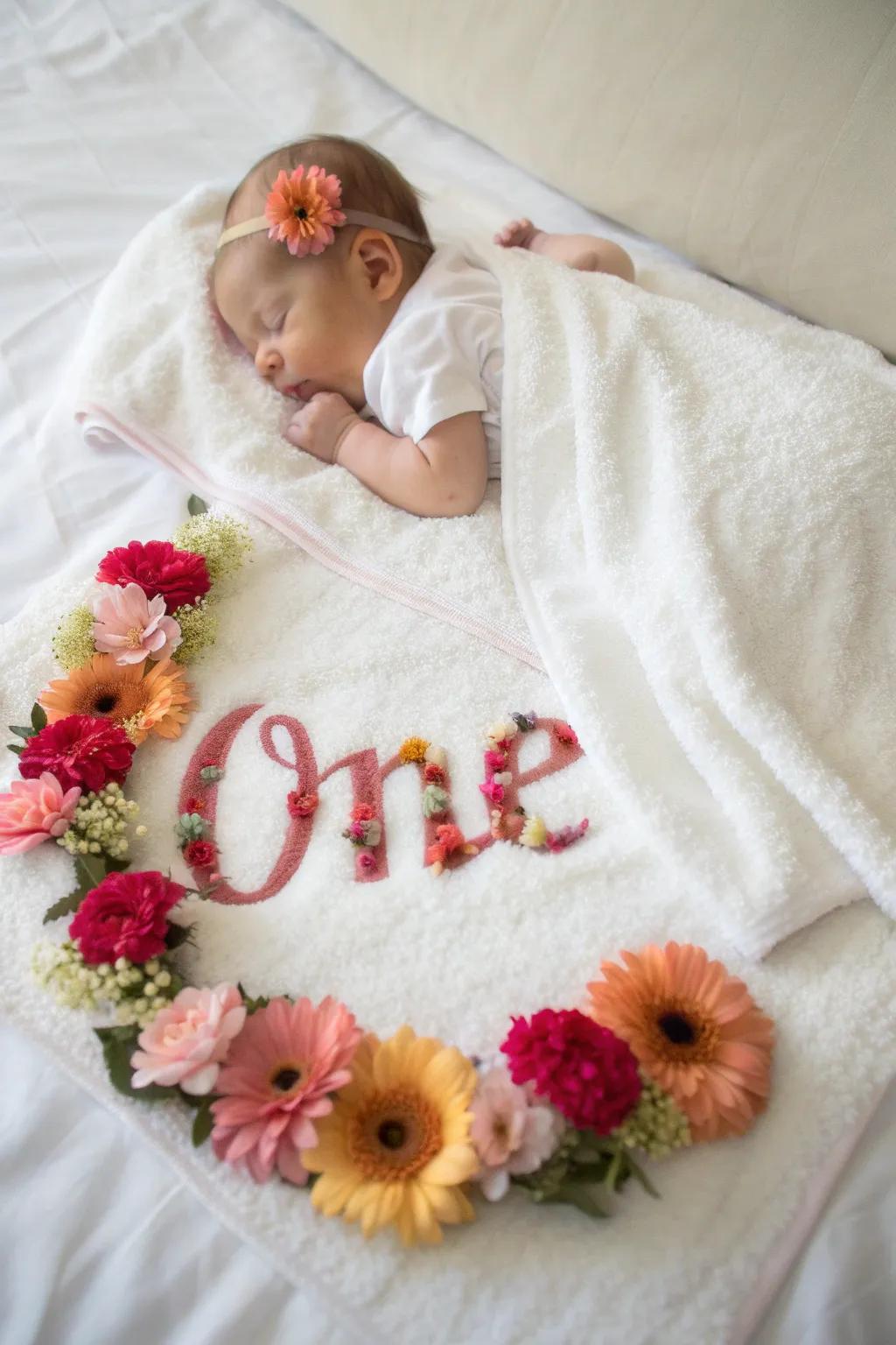 A stunning blossom number one arrangement celebrating the first month.