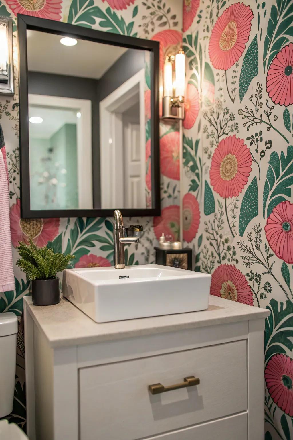 Bold floral wallpaper adds charm to this half bath.