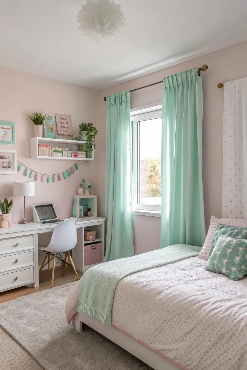 Neutral and pastel shades cultivate a tranquil and chic setting in a young girl's sanctuary.