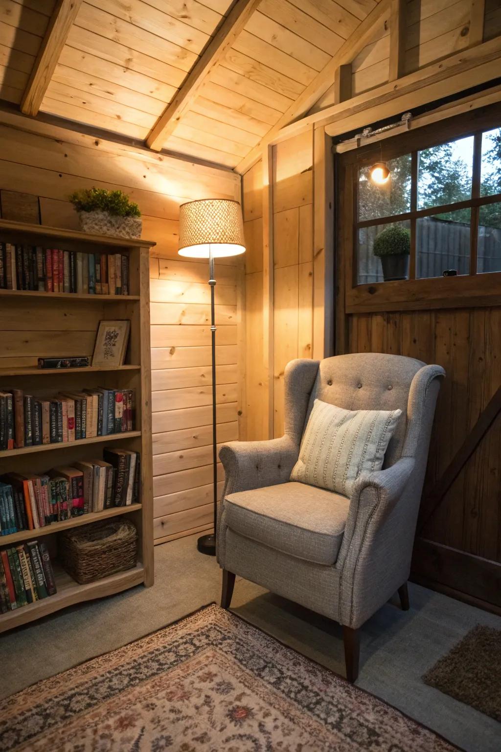 Make your shed a relaxing reading spot with a cozy setup.