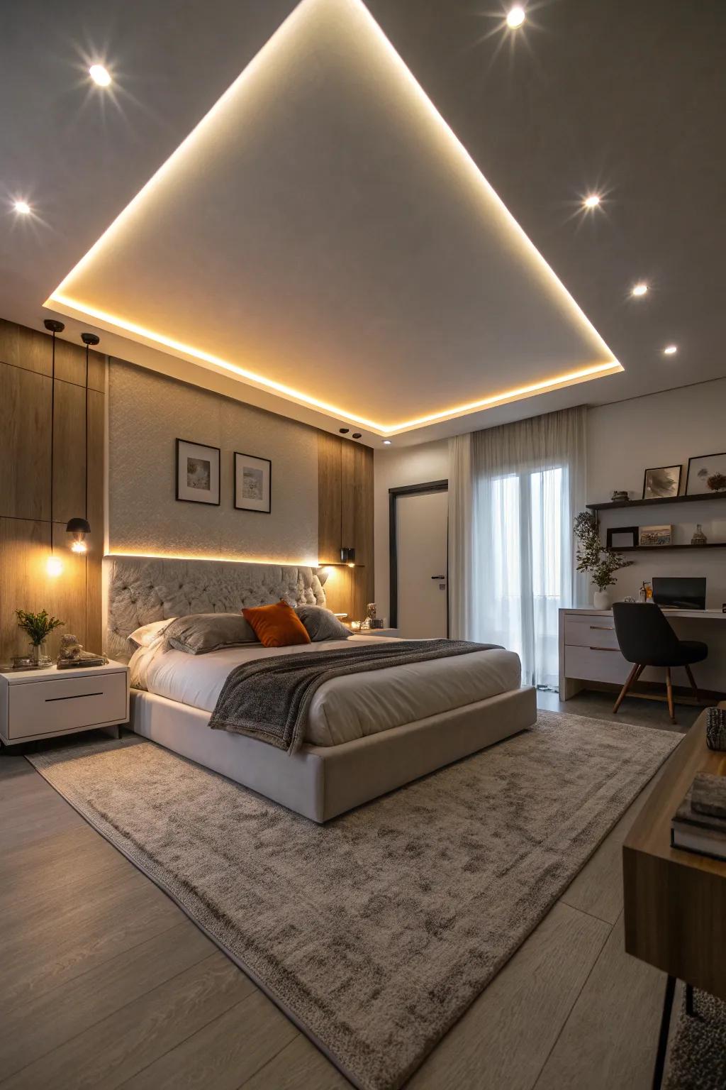 LED strip lights elegantly framing the bed and ceiling for a modern touch.