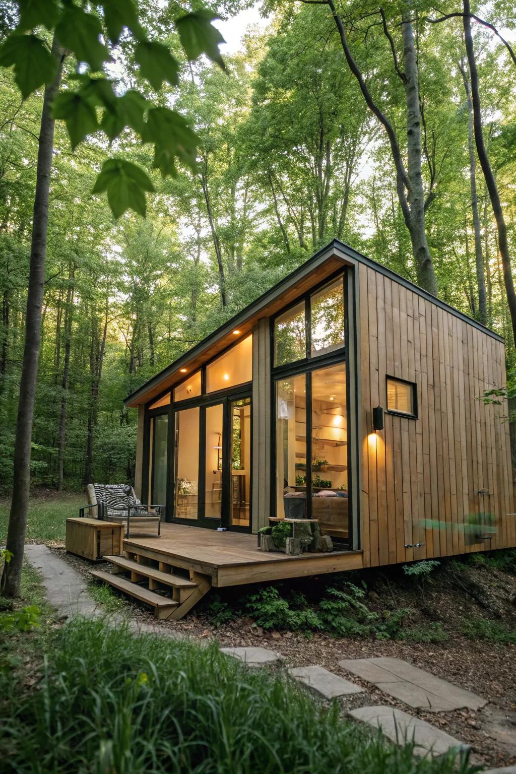 Expansive windows change a small house by amplifying natural illumination.