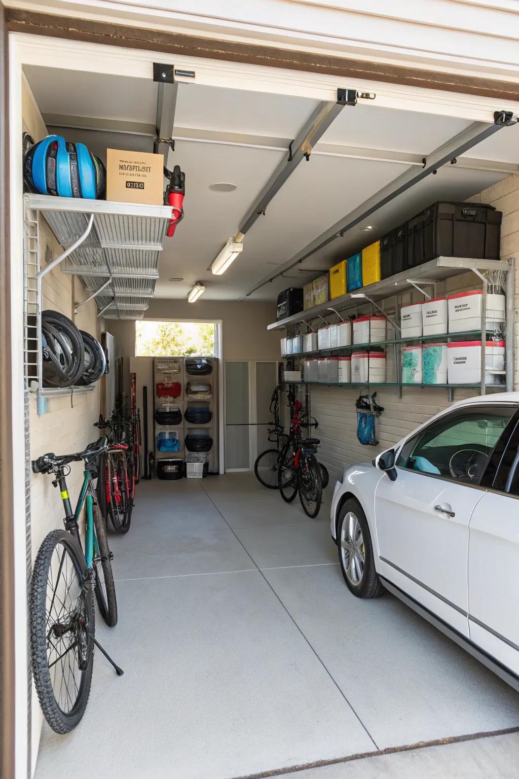 Take advantage of ceiling space with overhead racks for efficient storage solutions.