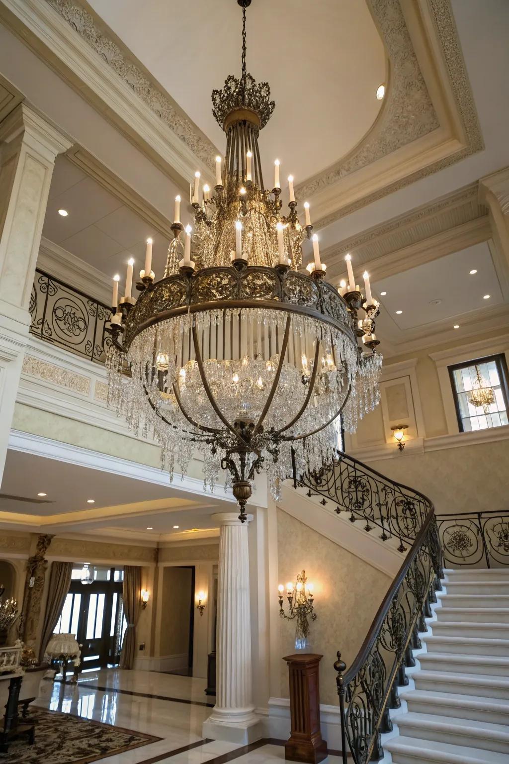 A striking chandelier introduces elegance to a double-height entryway.