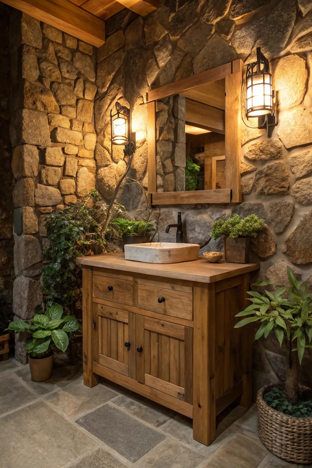 Infuse your bathroom with warmth by using a natural wood vanity with rustic charm.