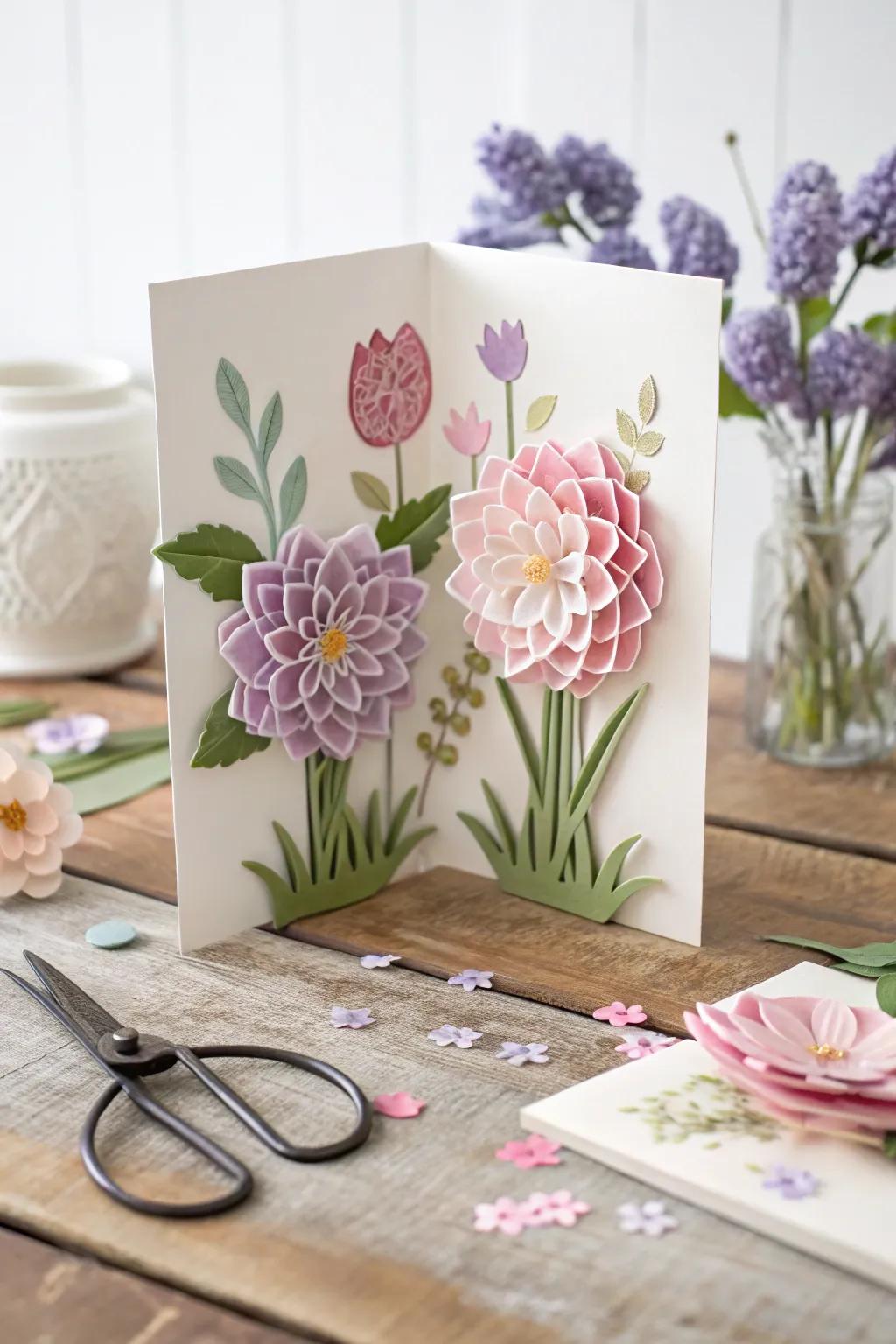 Welcome spring with this enchanting pop-up flower garden card, a seamless mix of minimalism and botanical charm.
