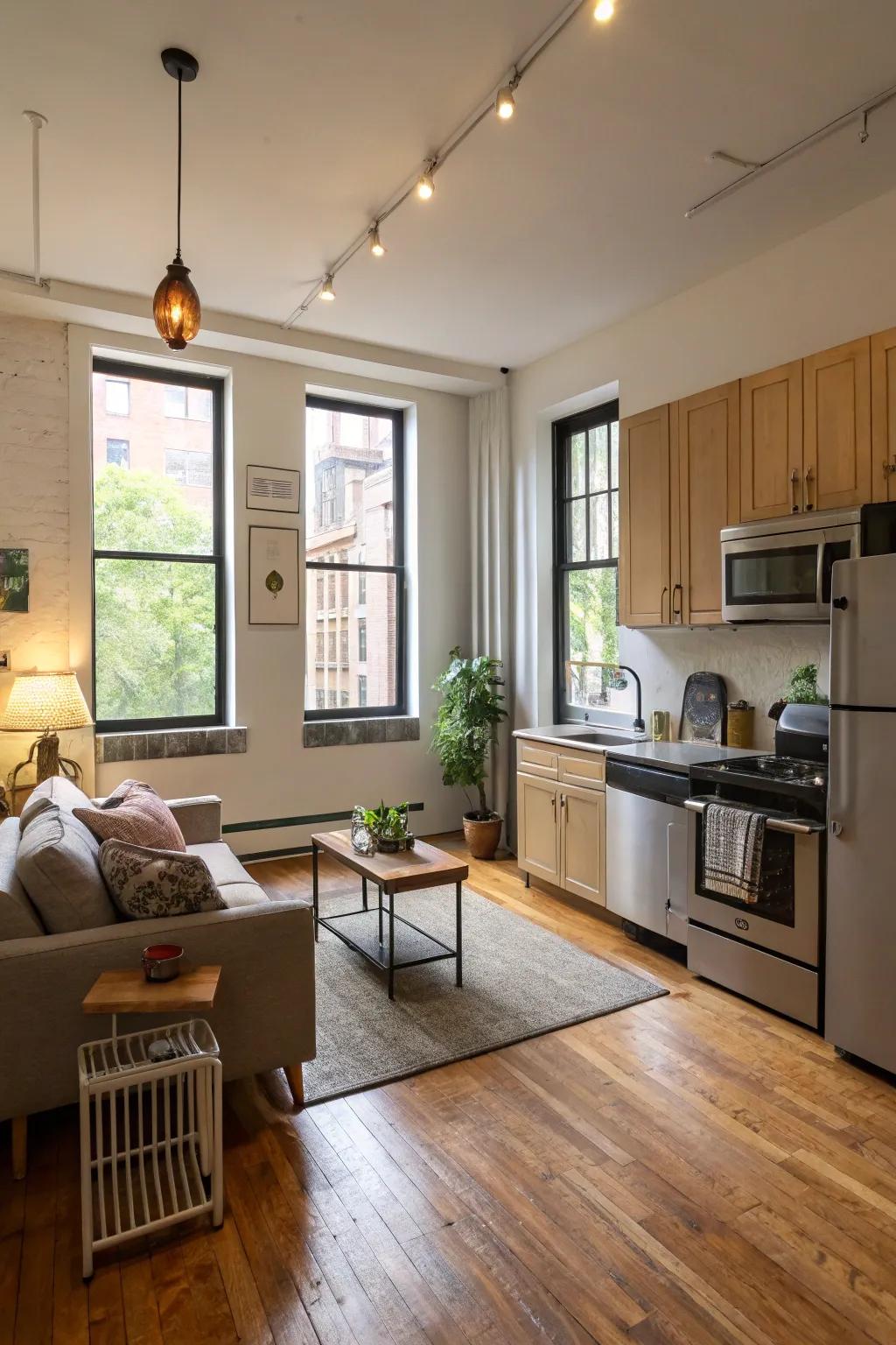 An open floor plan seamlessly combines the kitchen and living area.
