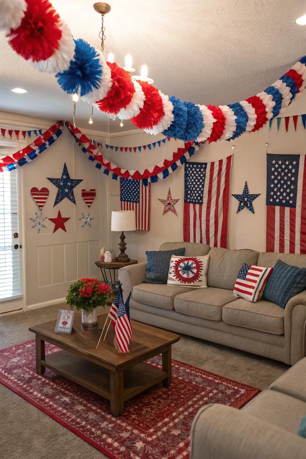Hang vibrant streamers for a celebratory Independence Day atmosphere.
