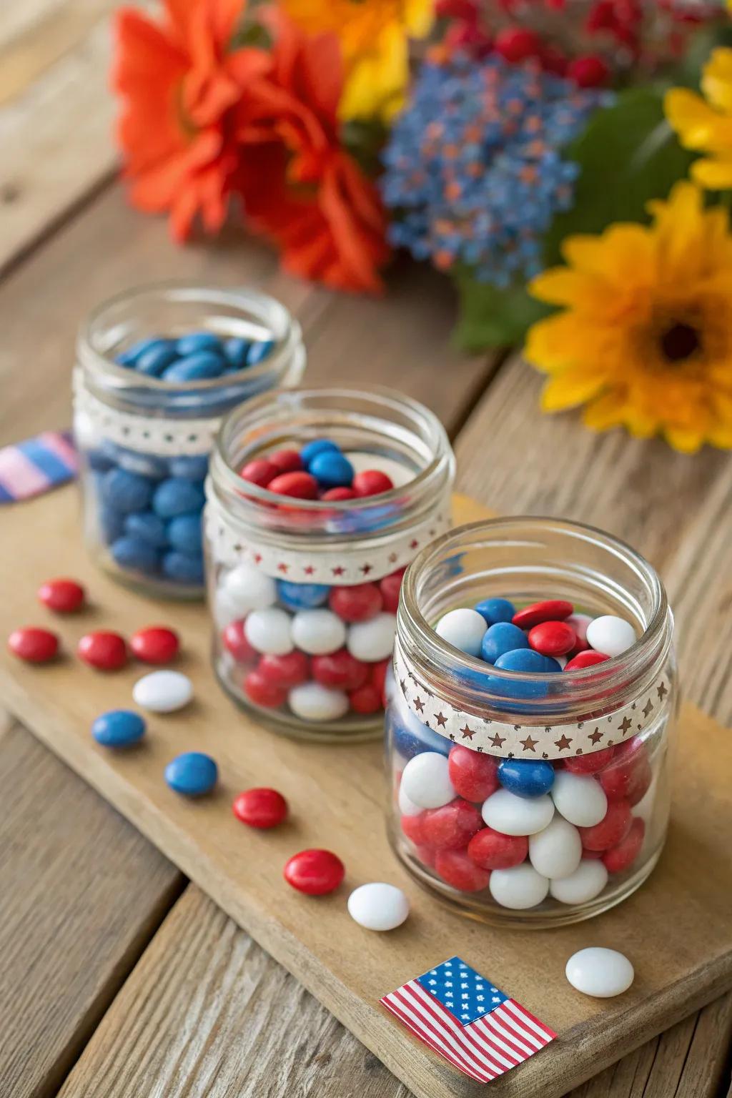 Cute small jars filled with sweets that show national pride