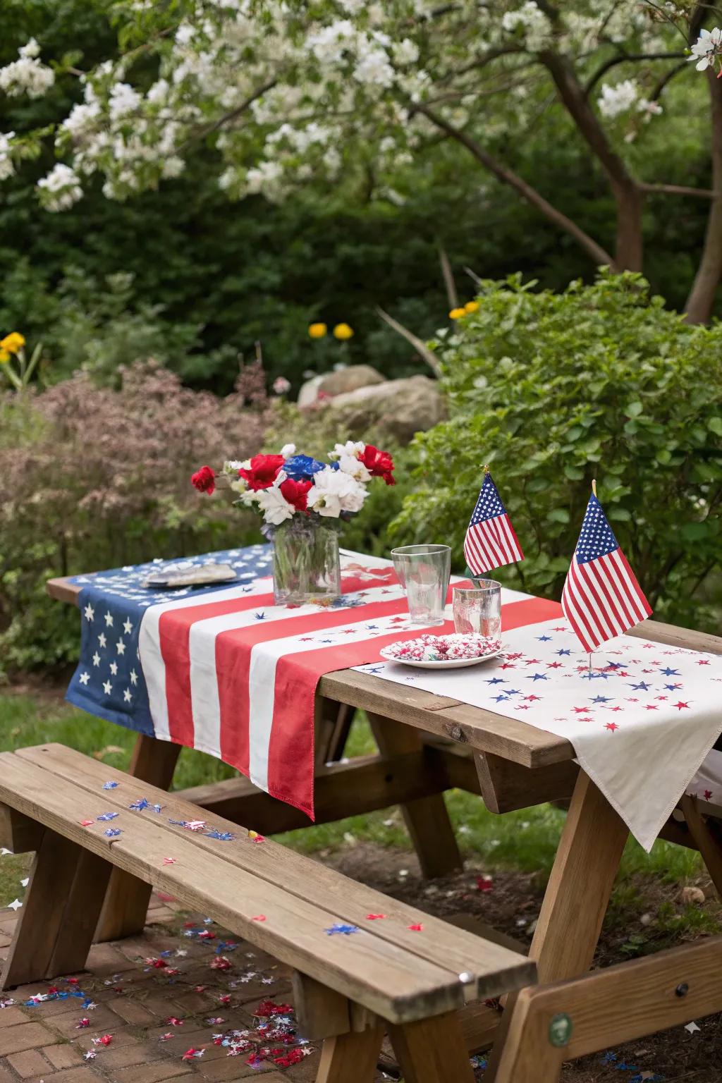 A patriotic table setting ideal for a 4th of July picnic.