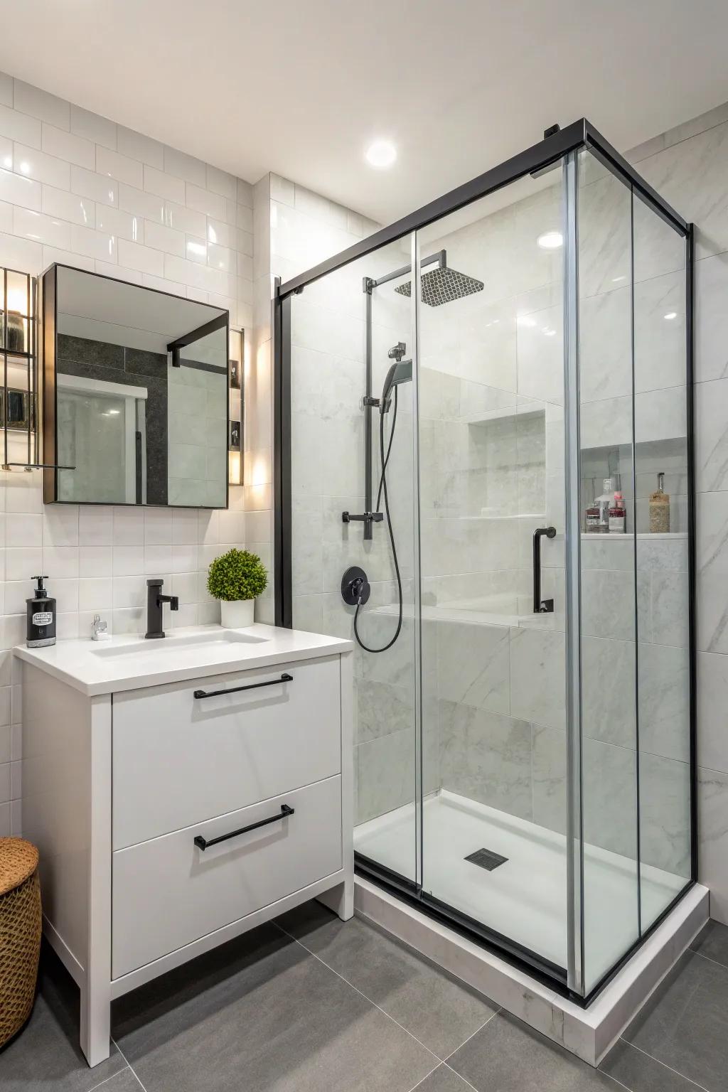 A corner shower makes clever use of space in a 4x6 bathroom setting.