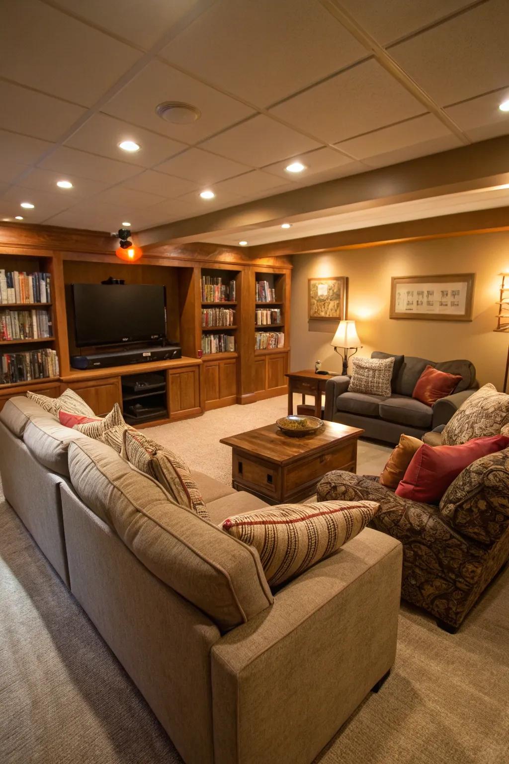 Design a captivating family room in your basement where cozy gatherings flourish.