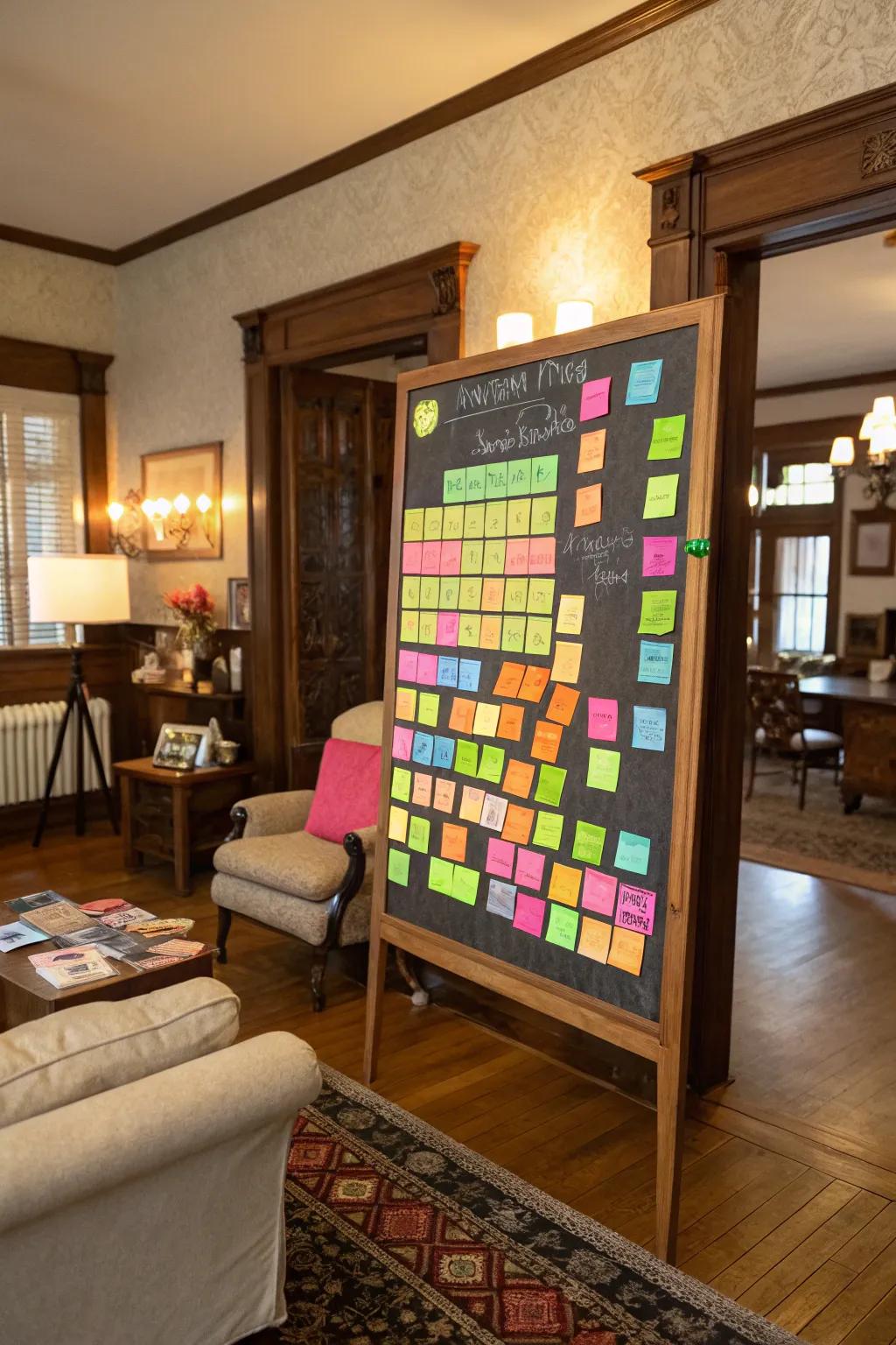 A pinboard glowing with neon sticky notes and highlighter pens.