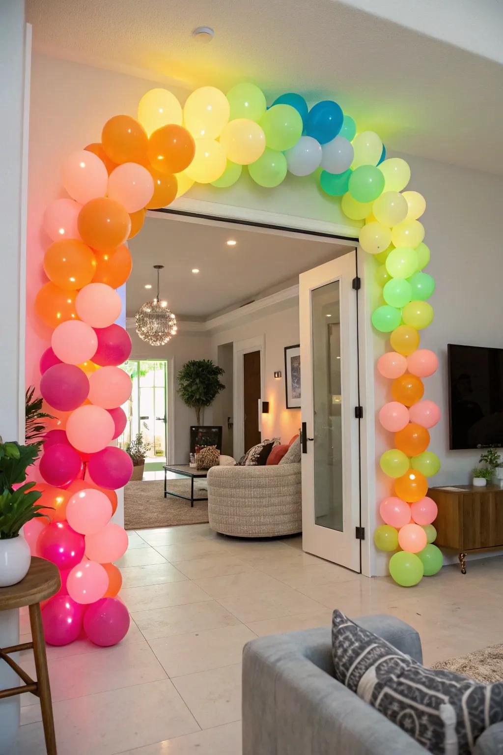 A neon balloon archway sets a vibrant tone for an 80s theme party.