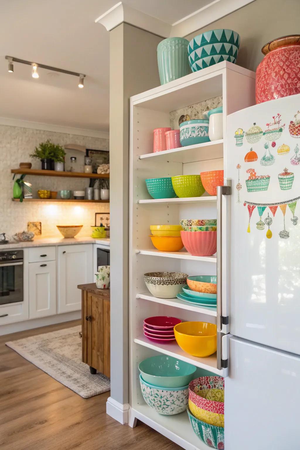 Open shelves craft a visually appealing and useful showcase above the fridge.