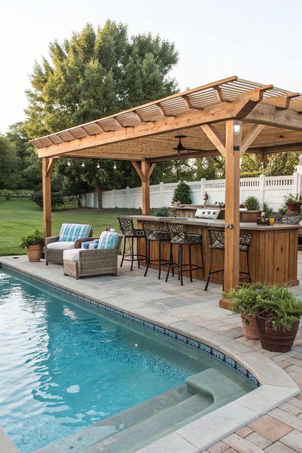 A canopy structure brings both elegance and practical shade to your pool bar.