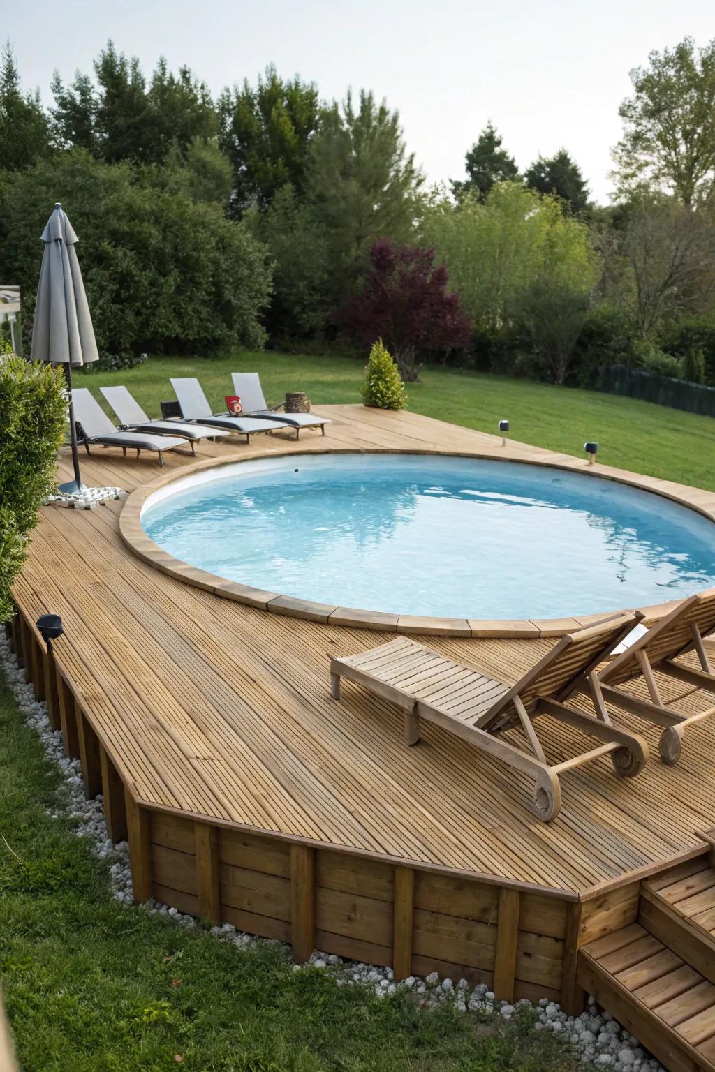 A cozy wooden deck adds elegance to any pool area.