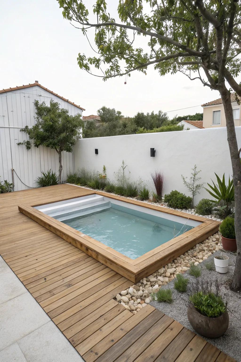 Minimalism is key with a simple timber pool deck.