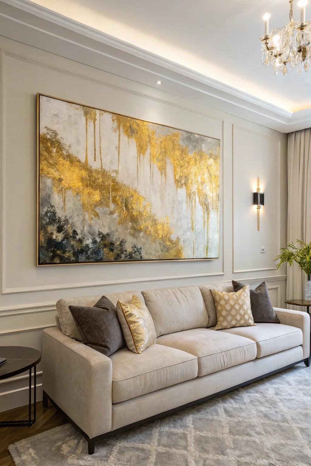In this living room, gold and neutral tones offer refinement and warmth.
