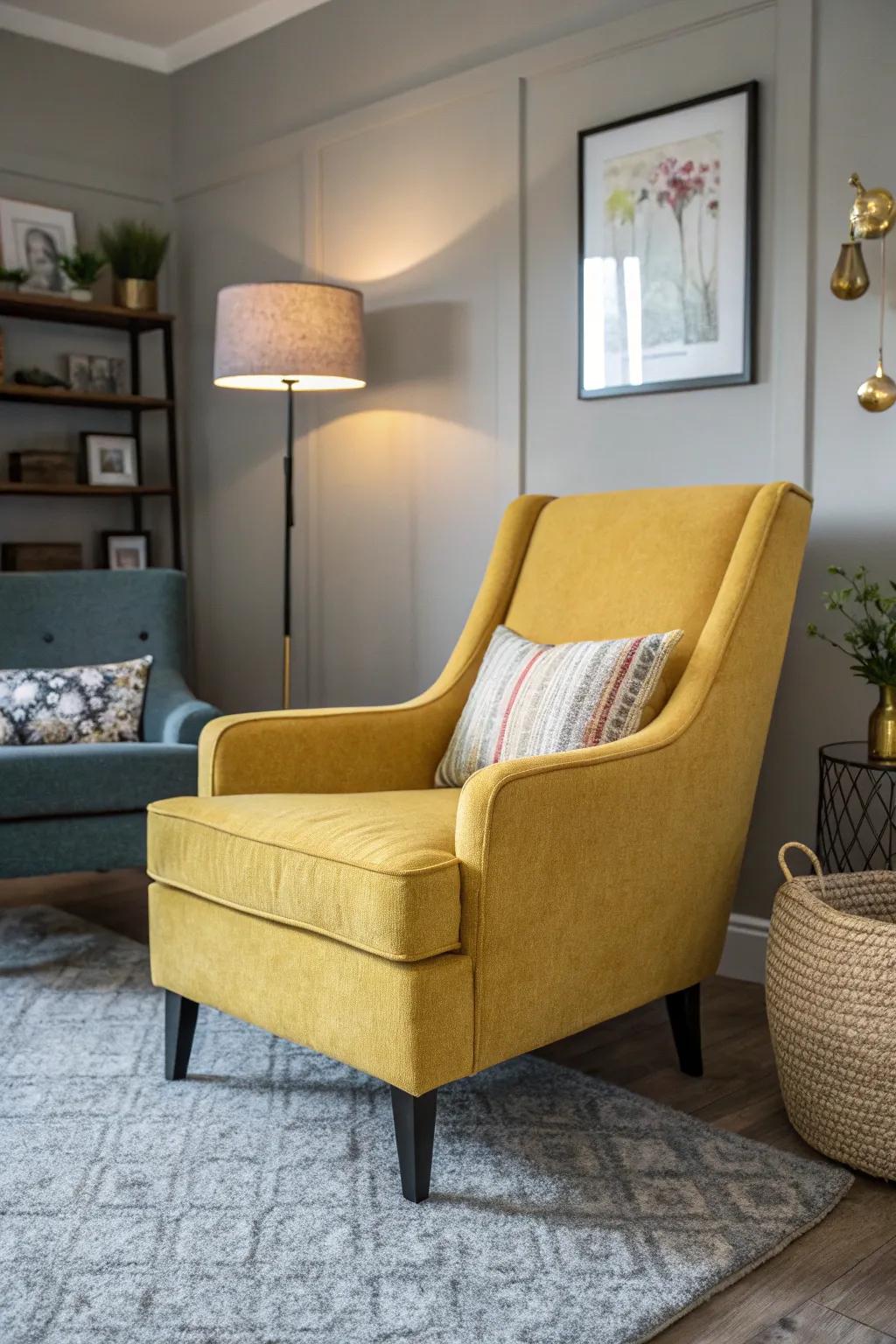 A mustard yellow accent chair brings a vivid splash of color to a neutral living room.