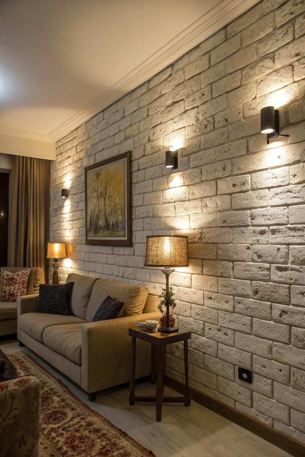 Wall-mounted lights create a dramatic effect on textured walls.