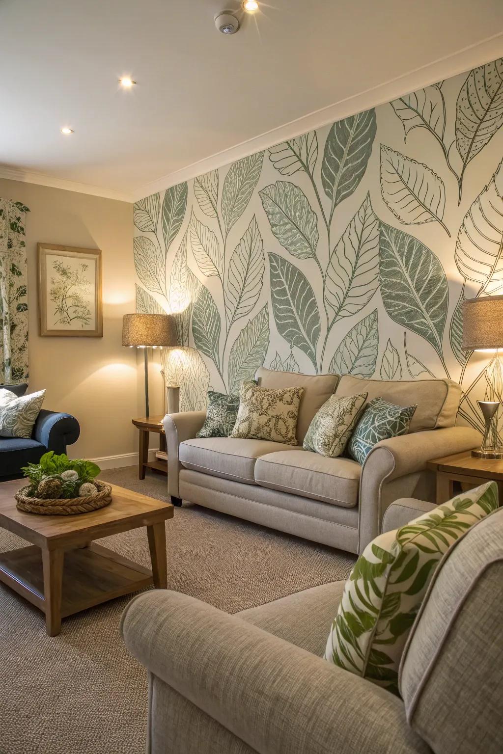 A nature-inspired living room, where leafy wallpaper turns the space into a refreshing retreat.