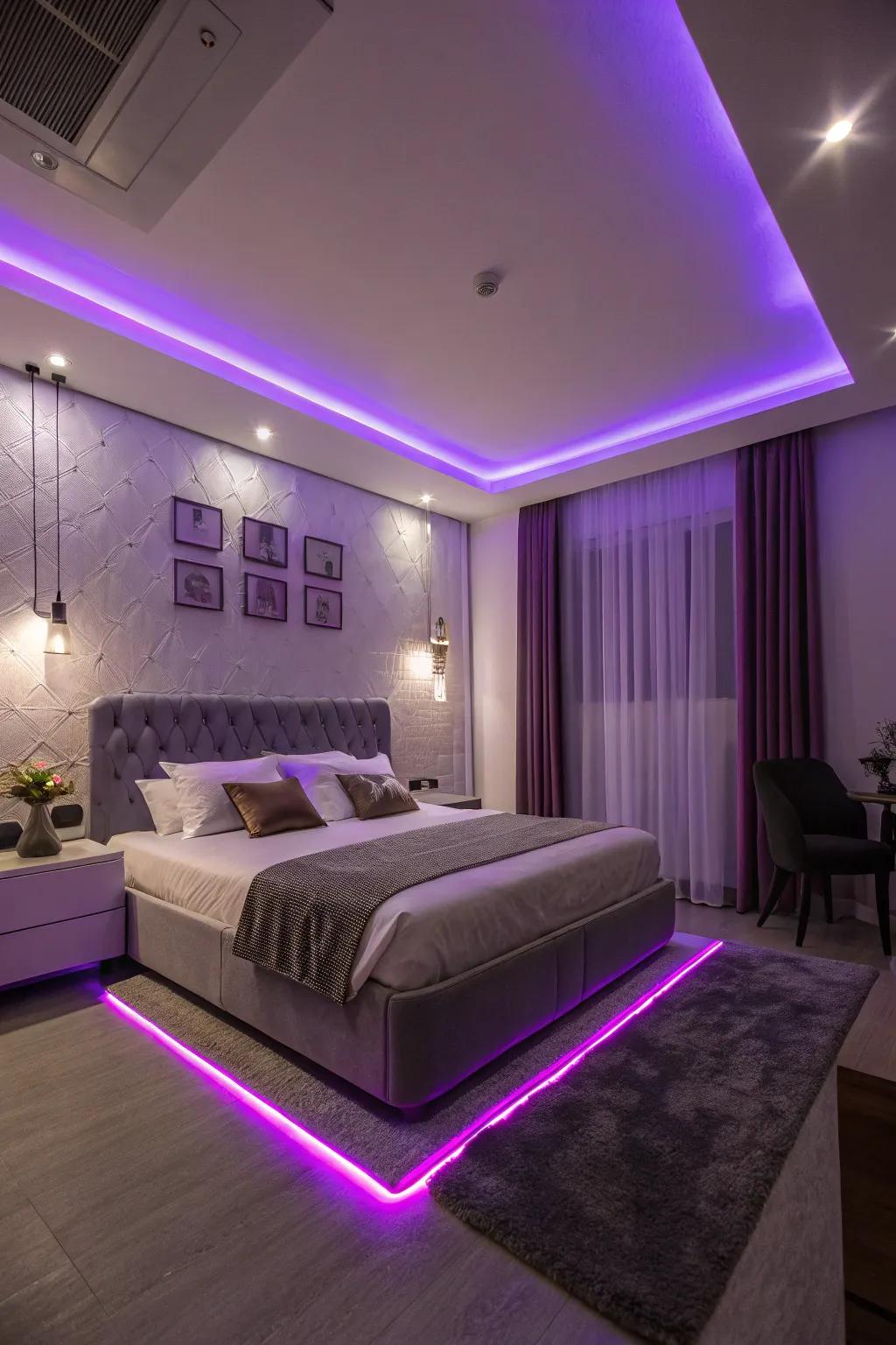 Set the mood with enchanting purple LED lights.