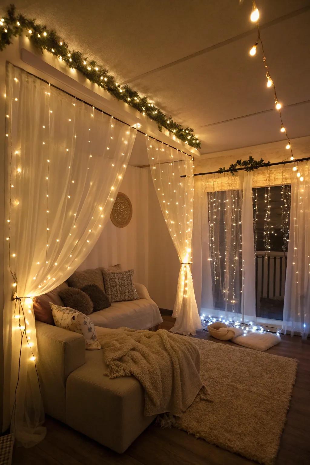 Twinkling lights and LED strips bring a sense of comfort and allure.