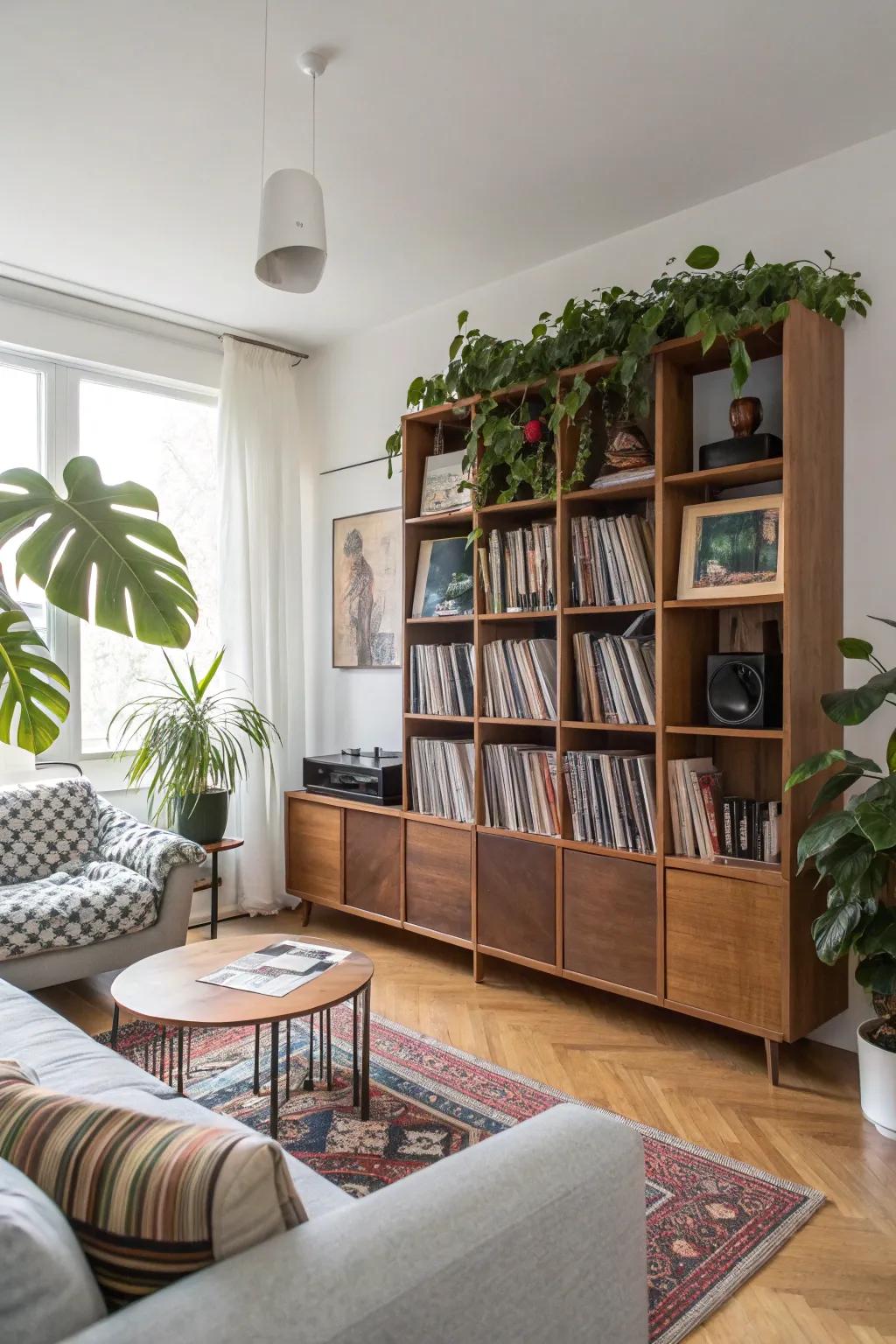 A contemporary shelving unit showcasing vinyl records alongside decorative items with artistic flair.