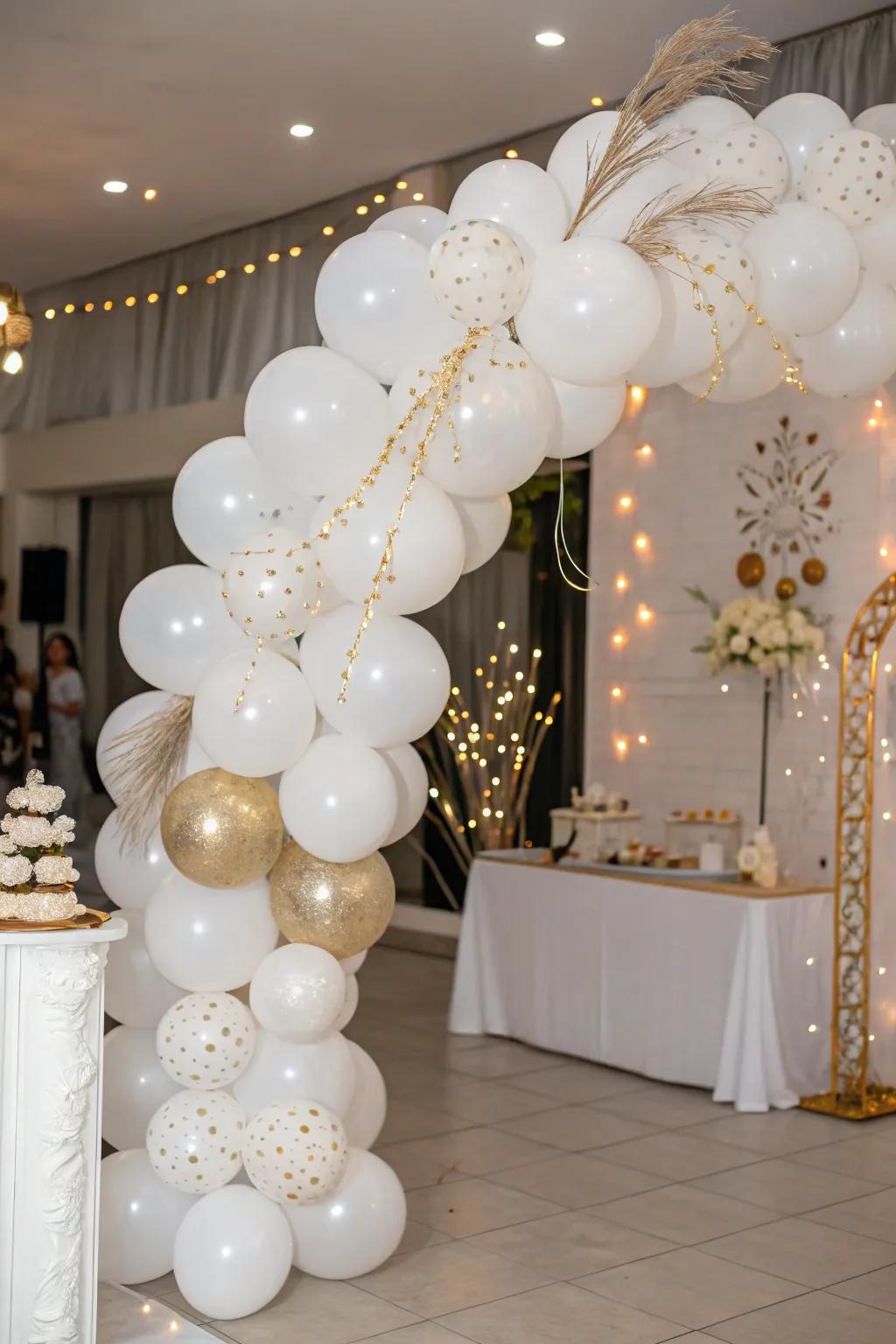 A gorgeous white balloon arch accented with gold for an upscale entrance.