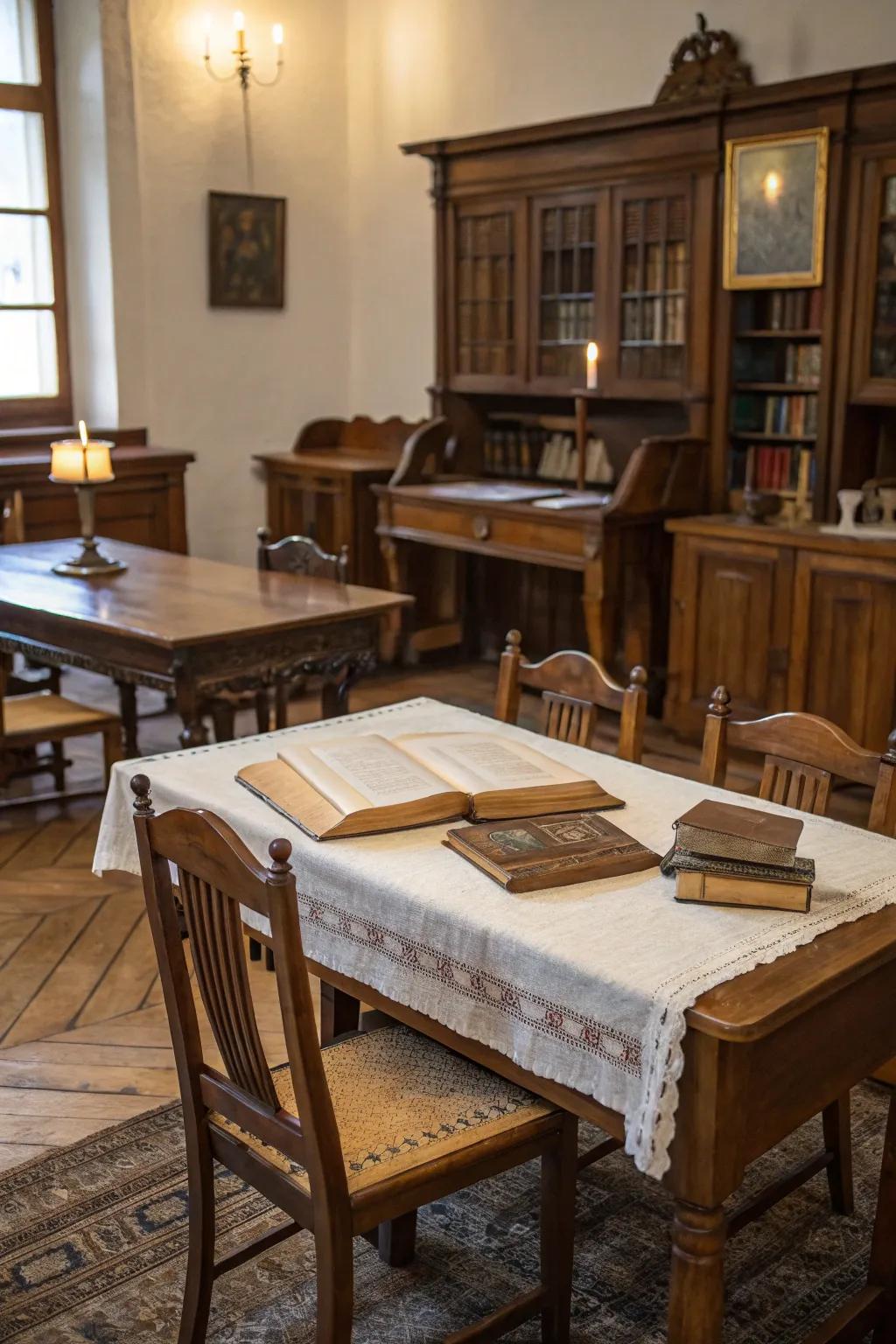 Time-honored wooden furniture injecting history and charm into a contemporary area.