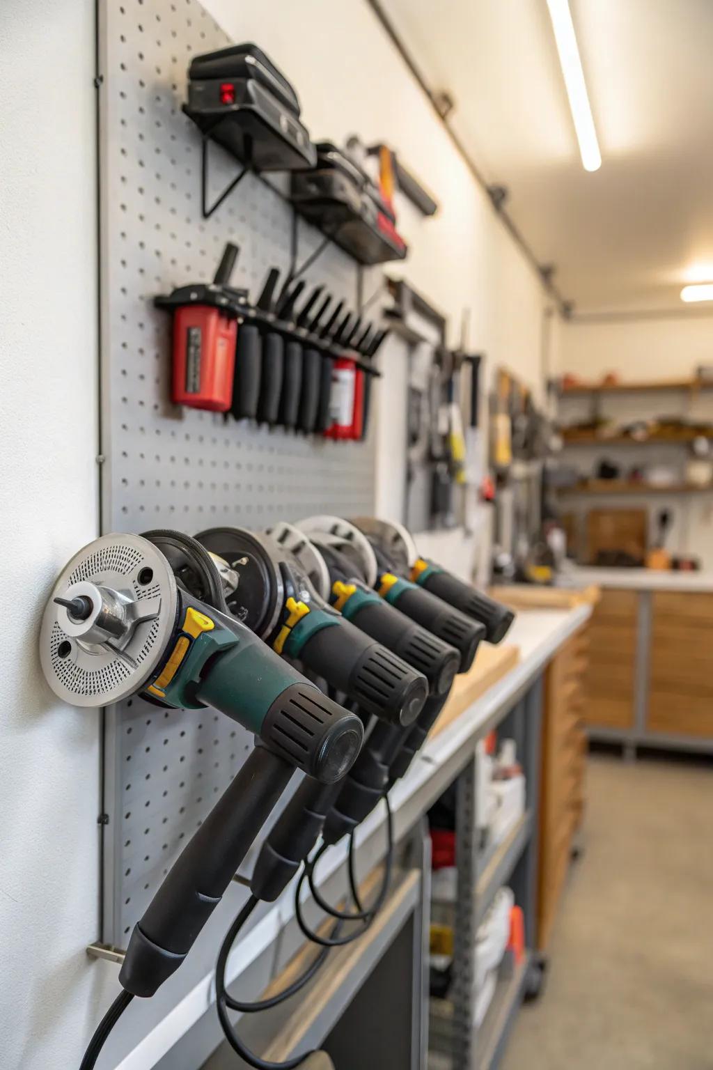 A sleek metal wall-mounted rack offers a practical storage option for rotary sanders.