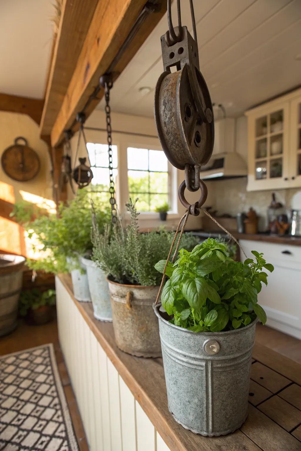 A pulley system for herbs introduces nature and elegance into the kitchen.