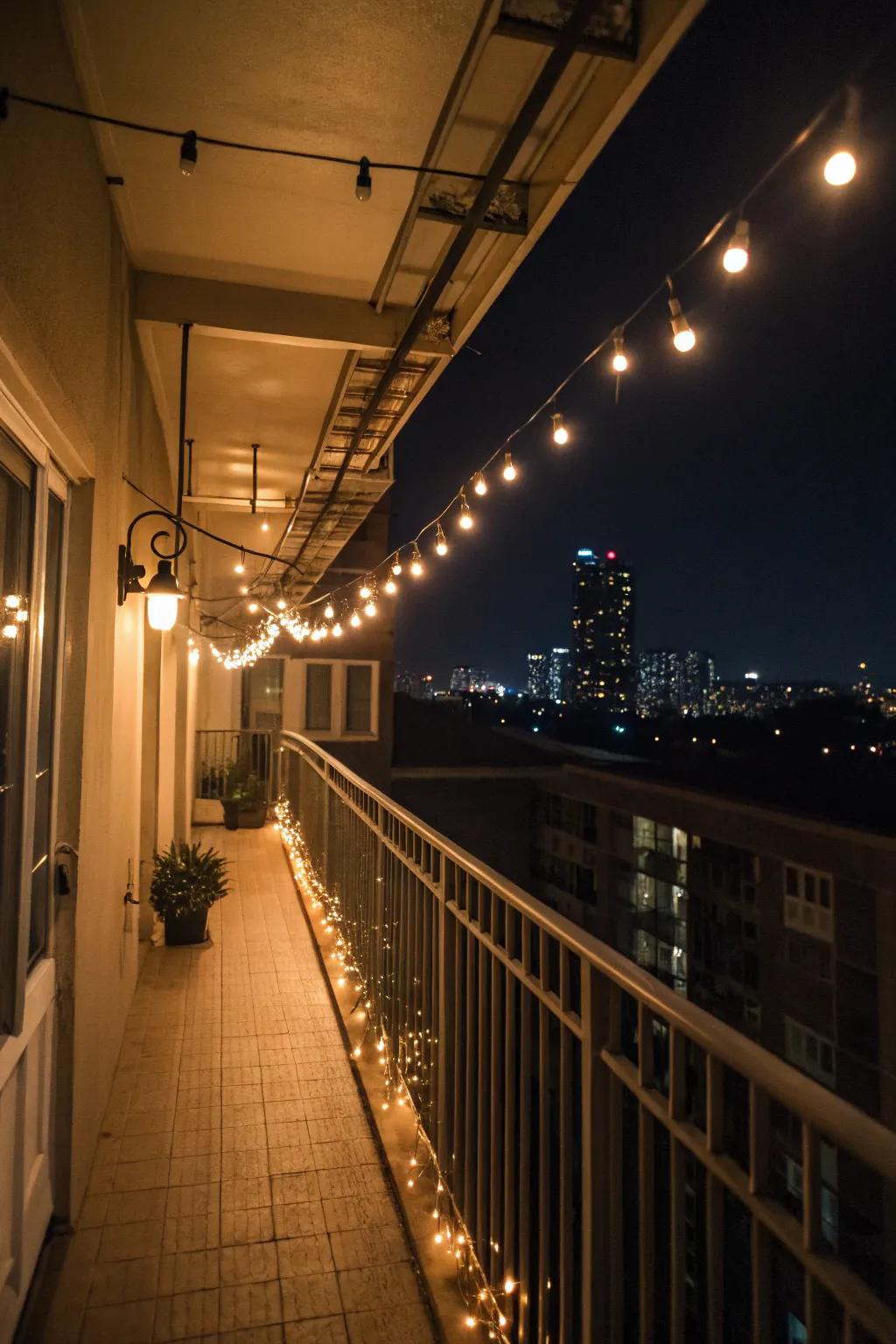 Twinkle lights bestow a tender and mesmerizing radiance upon this balcony.