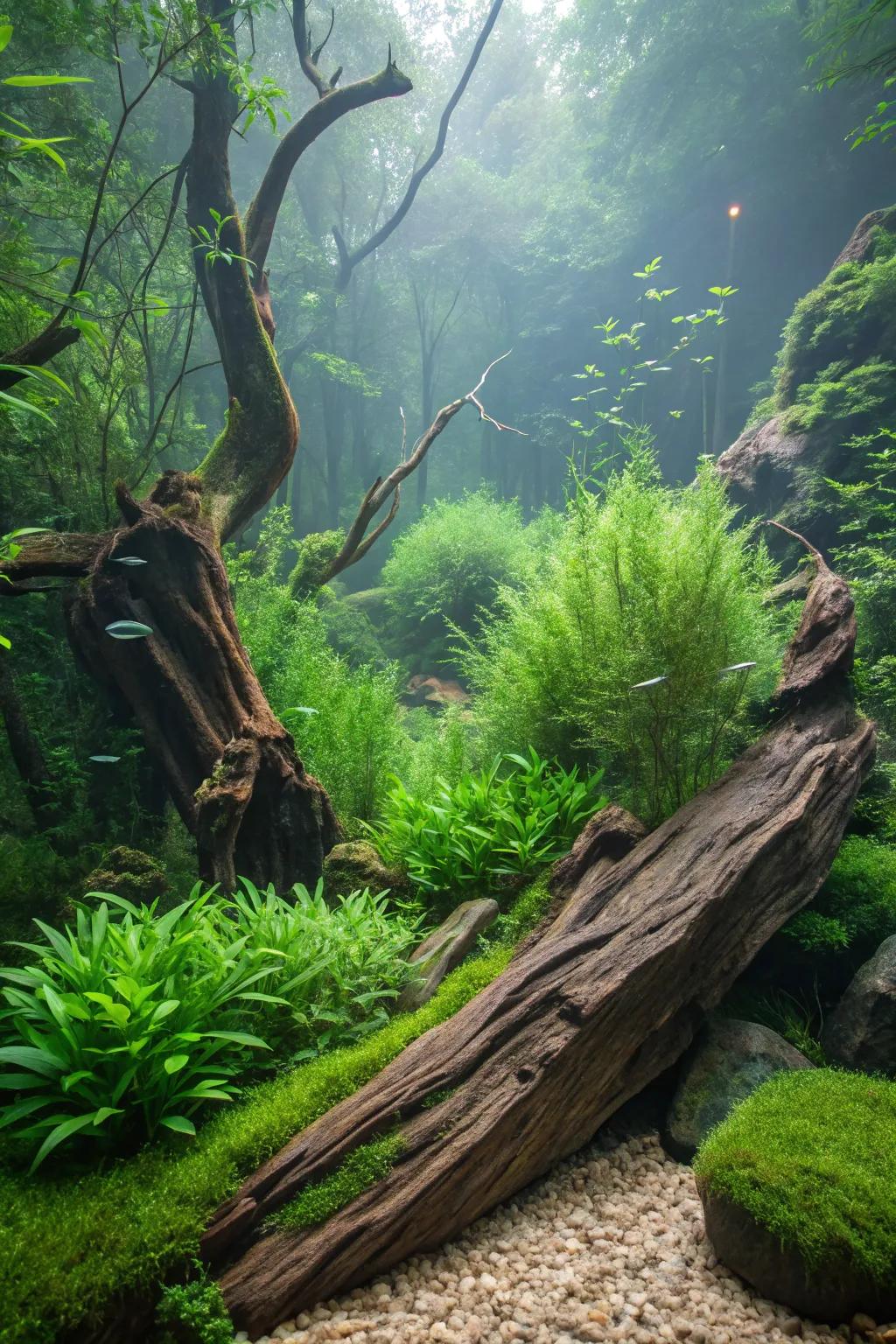 Design a natural haven using abundant foliage and timber.
