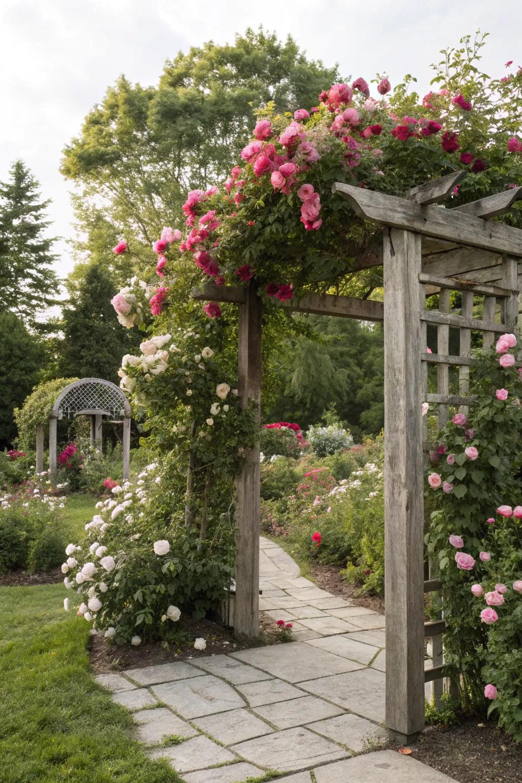 A timeless wood arbor adorned with vibrant ascending blooms.