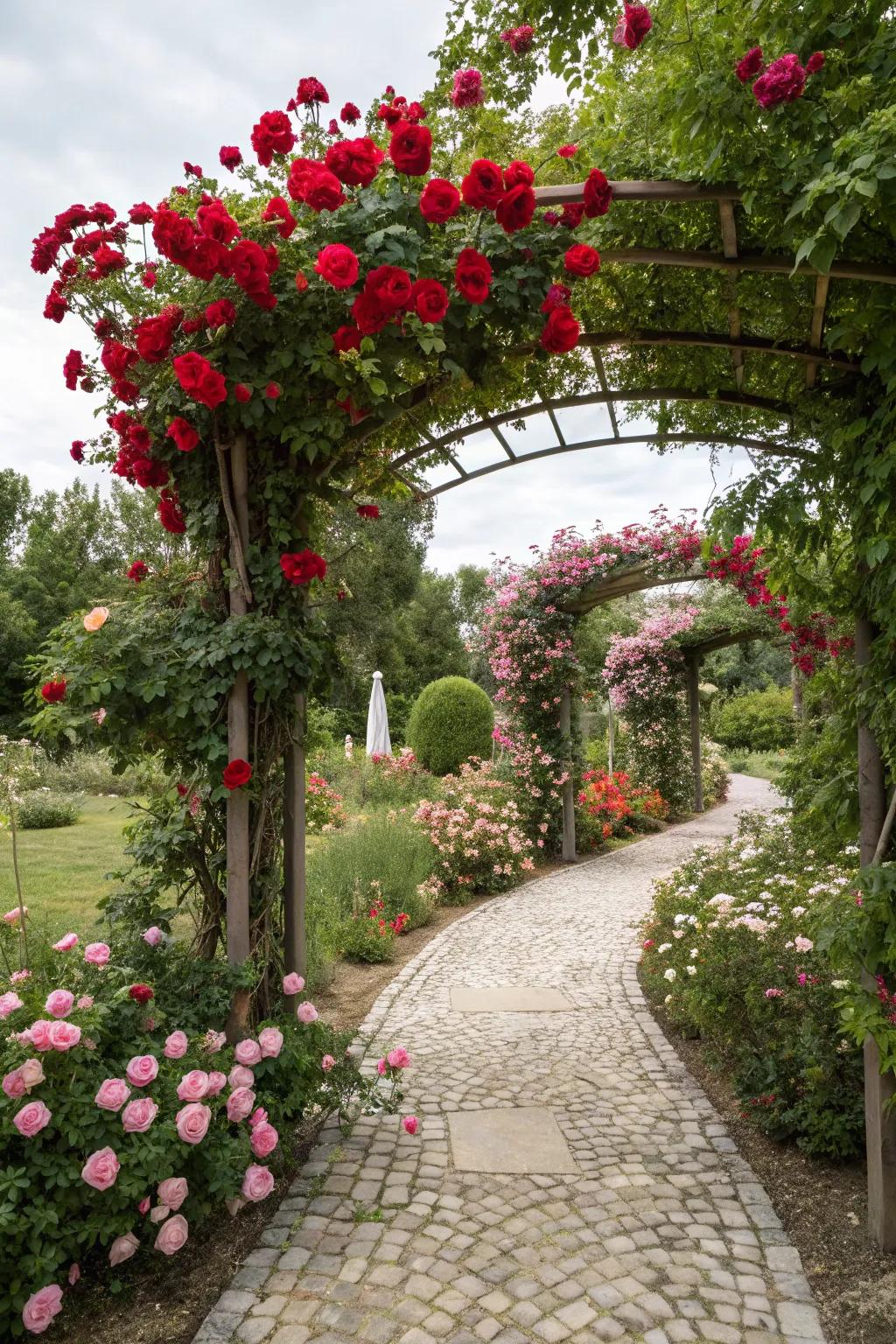 A rose-covered arbor creates a dreamy and romantic entry to the garden.