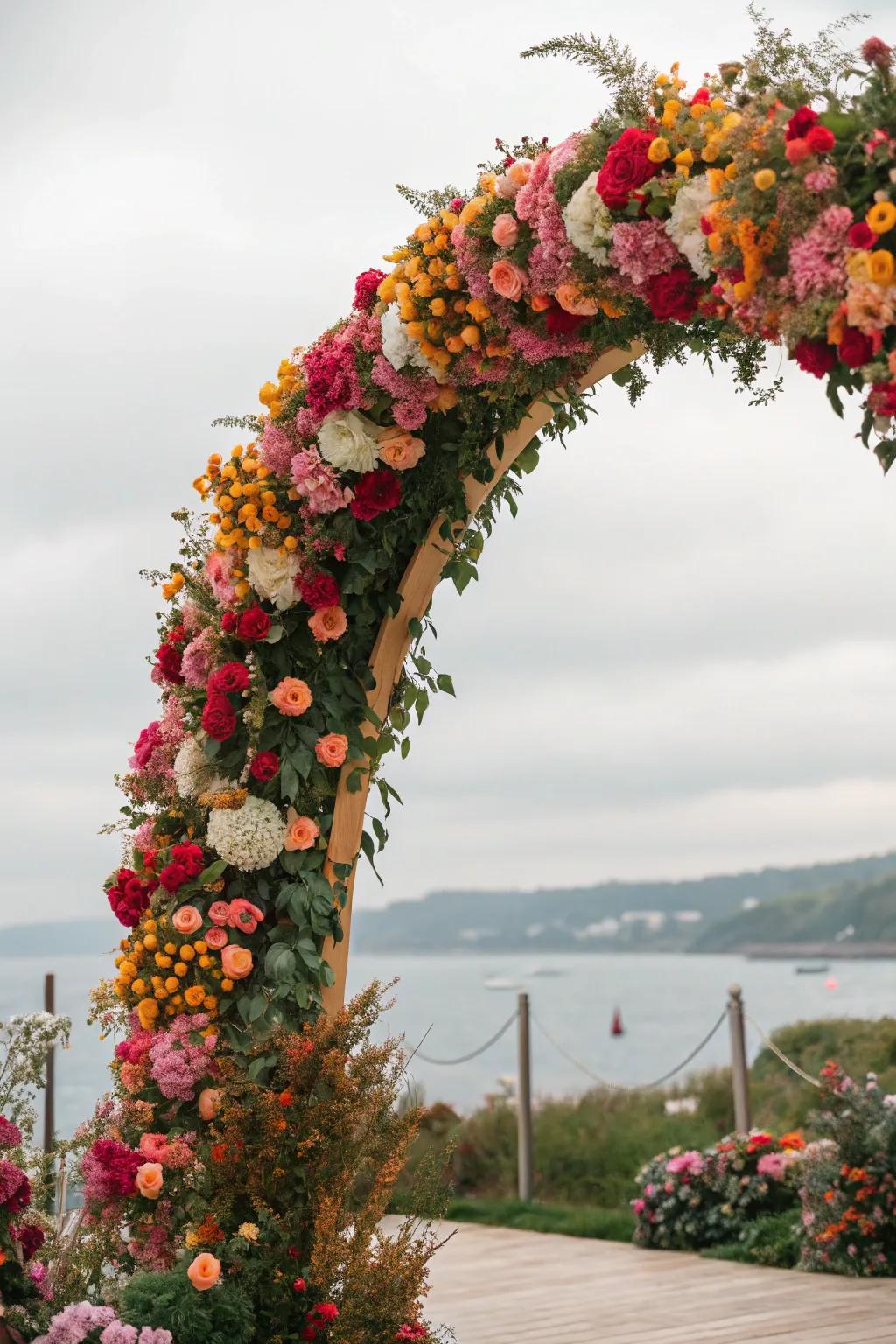 An archway overflowing with vibrant seasonal flowers adds an animated flourish.
