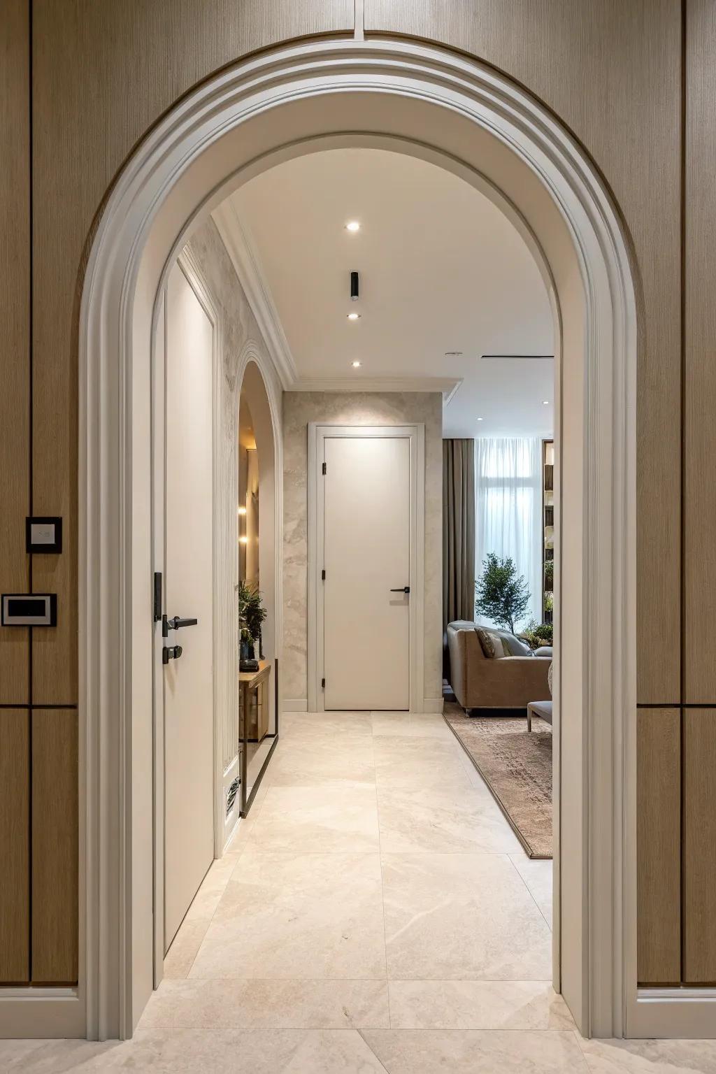 A minimalist archway door amplifying the immaculate essence of a modern interior.
