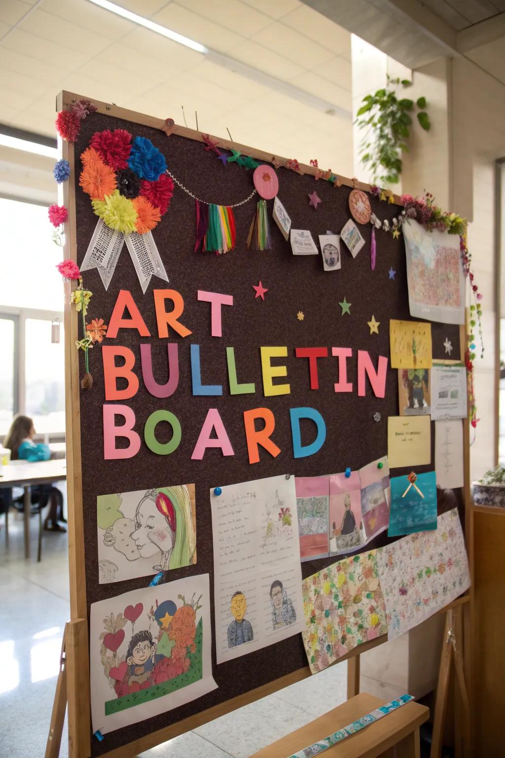 A welcoming art bulletin board featuring vibrant letters and embellishments.