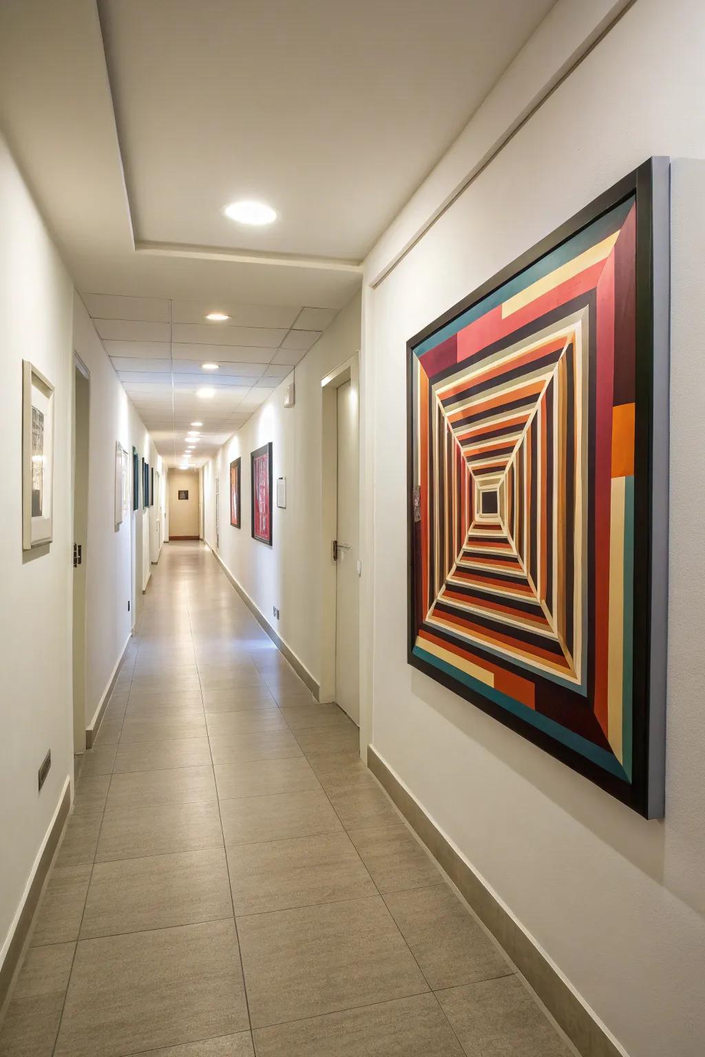 A corridor revolutionized by a mesmerizing 3D optical illusion artwork, enhancing the room's depth and intrigue.