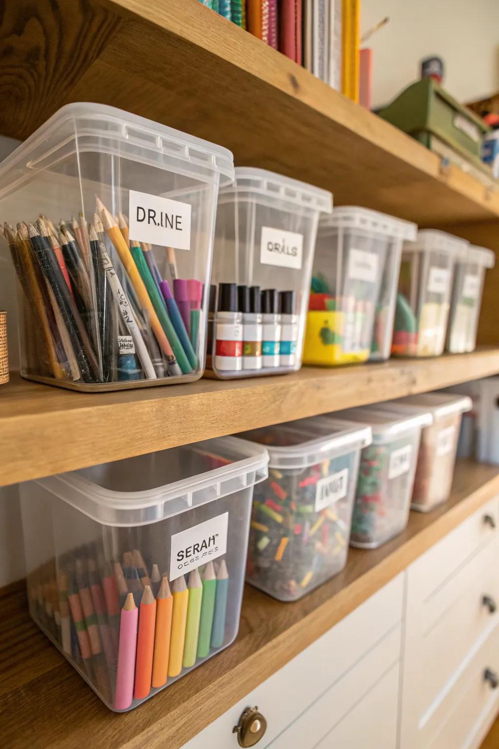 Clear containers with labels make finding art supplies a breeze.