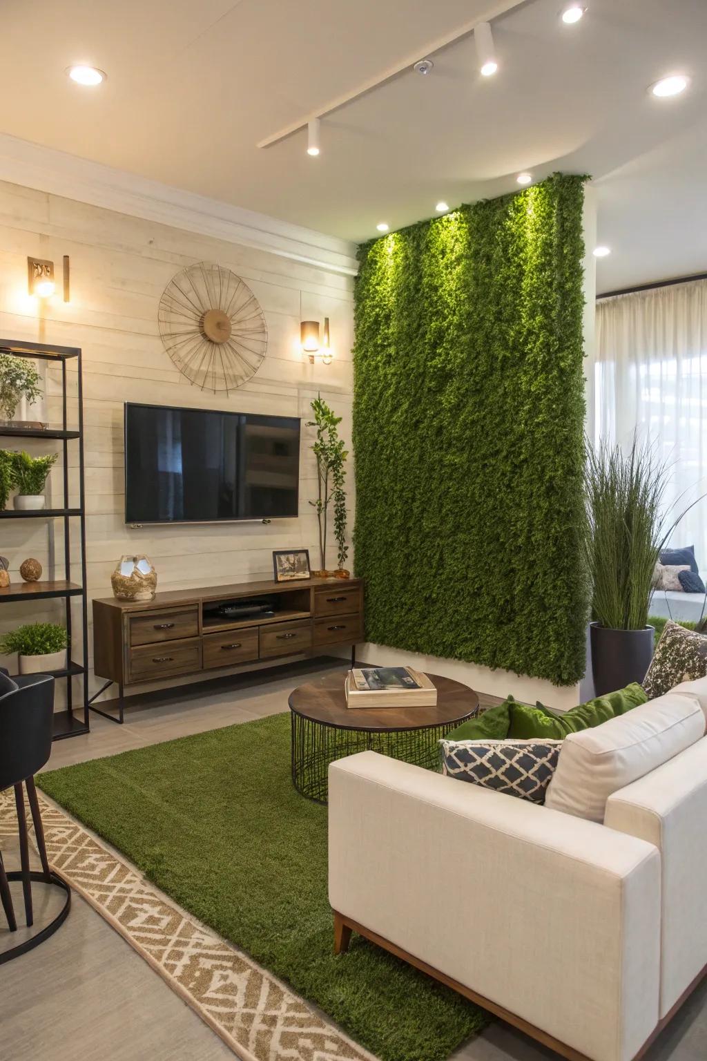 A contemporary living room featuring an artificial grass wall as a striking focal point.