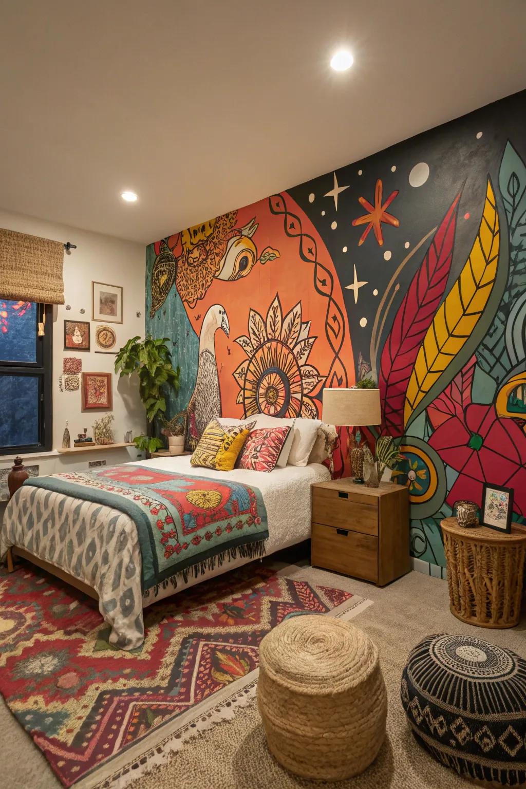 A statement accent wall instantly elevates your artistic bedroom's ambiance.