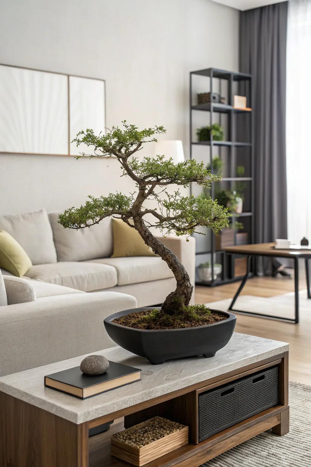A bonsai tree enriching a living area with a natural and peaceful atmosphere.