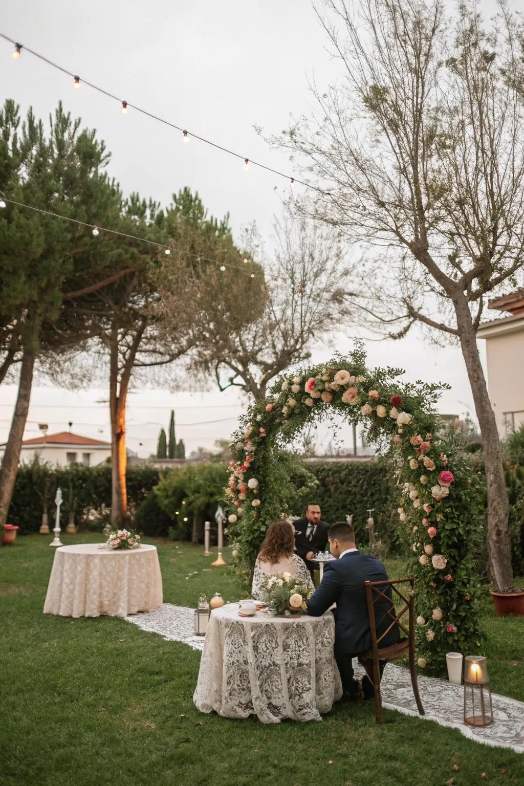 A backyard transformed into a wedding venue with natural elements.