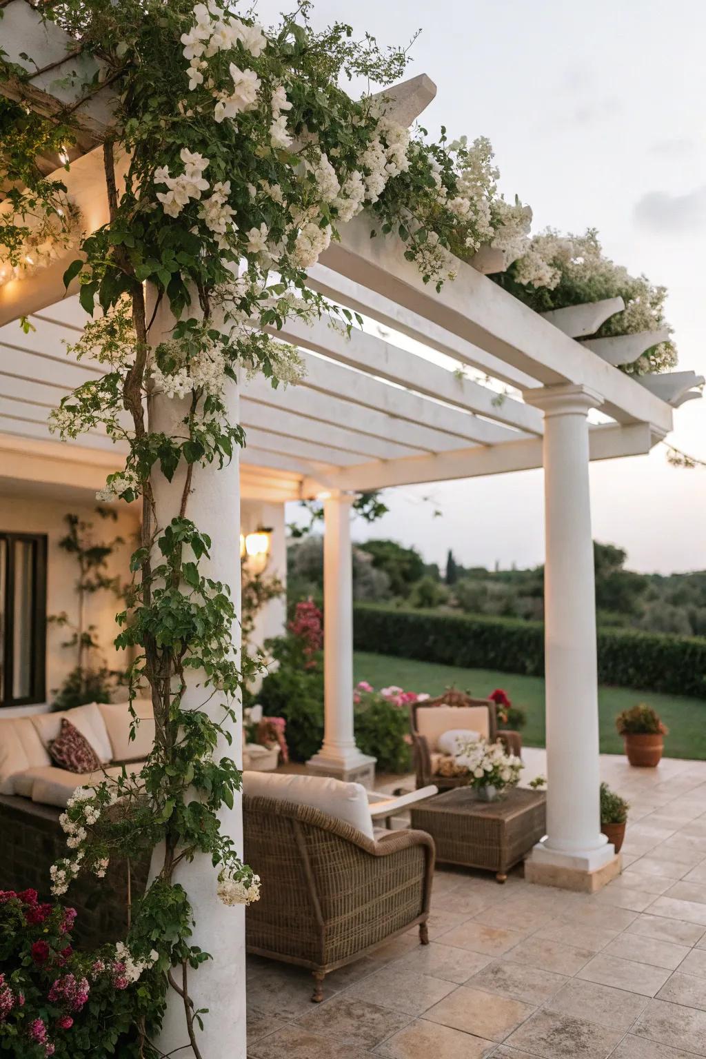 A pergola-shaded patio embodies a tranquil outdoor getaway.