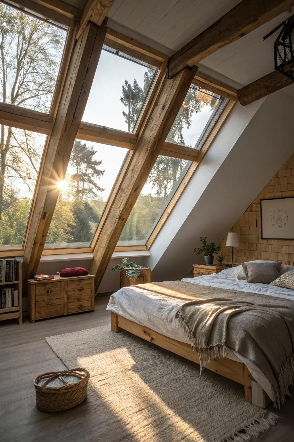 Bask in the natural warmth of sunlight streaming through skylights in your attic bedroom.