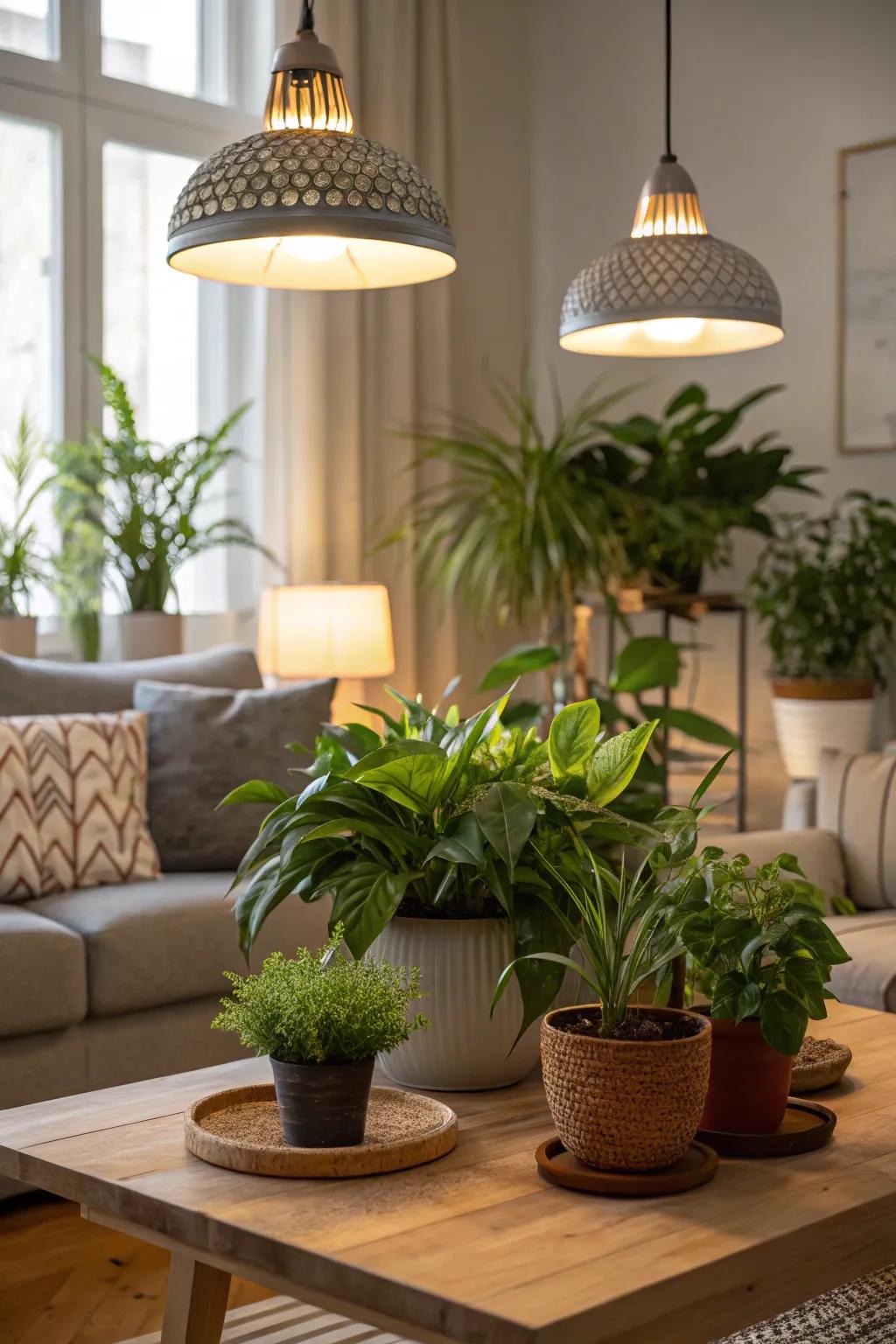 Pendant grow lights stylishly brighten an array of indoor plants.