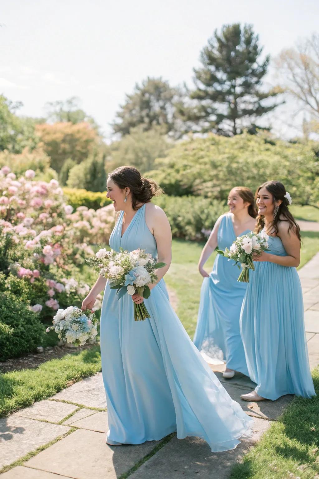 Angelic sky bridesmaid dresses infuse a revitalizing and refined vibe into the bridal procession.